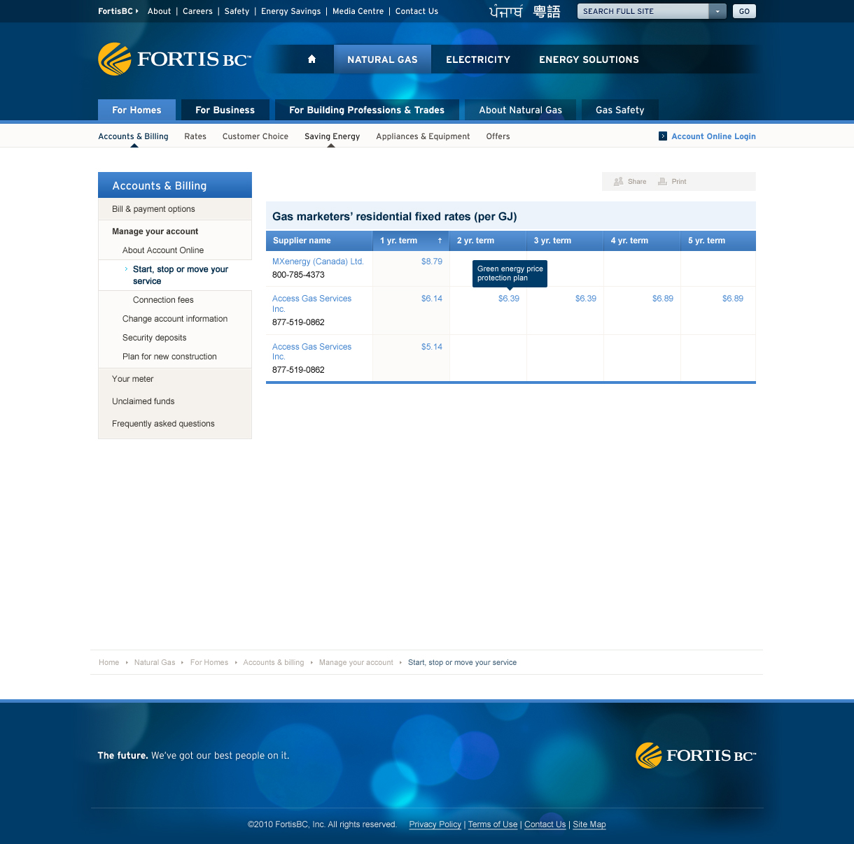 Accounts and billing table